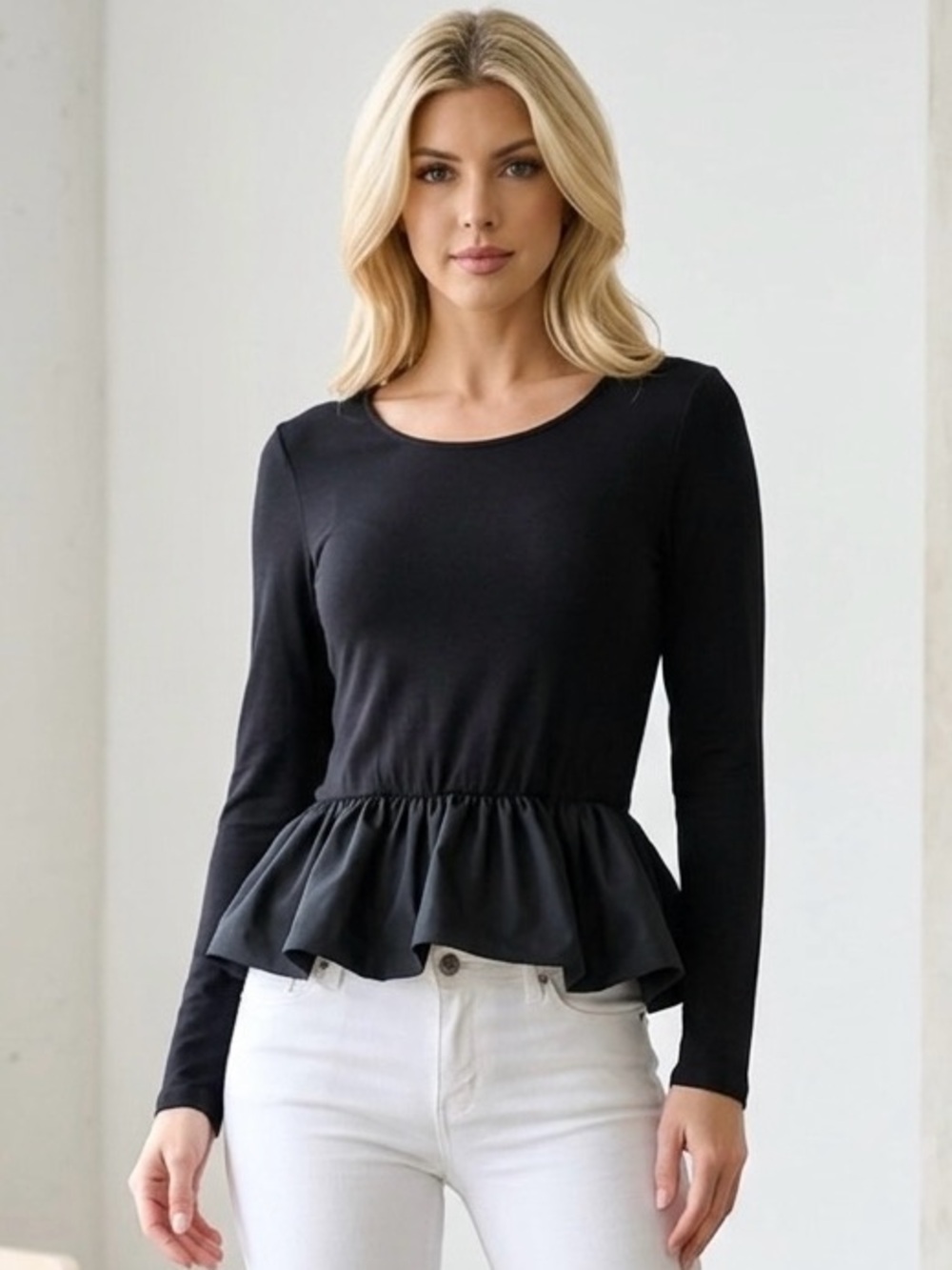 Shelly Black Long Sleeve Peplum Bubble Top